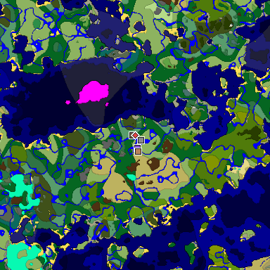 Predicted biome map of Java 1.18 seed 1879659807232780722 around estimated spawn