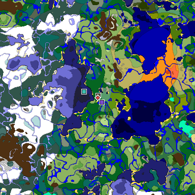 Predicted biome map of Java 1.18 seed -7703418192333691221 around estimated spawn