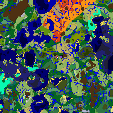 Predicted biome map of Java 1.18 seed -9165206378386481542 around estimated spawn
