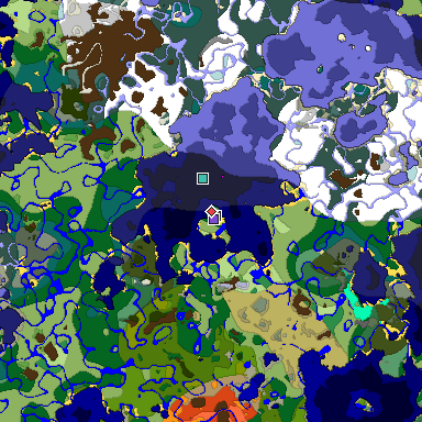 Predicted biome map of Java 1.18 seed -5157556001916229484 around estimated spawn