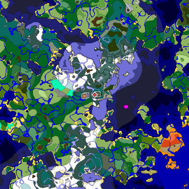 Predicted biome map of Java 1.18 seed 5465381409855246625 around estimated spawn
