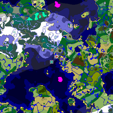 Predicted biome map of Java 1.18 seed -1994103398374552625 around estimated spawn