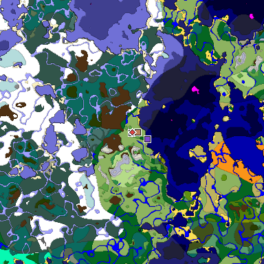 Predicted biome map of Java 1.18 seed -2817012506541790582 around estimated spawn