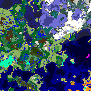 Predicted biome map of Java 1.18 seed 7522808550779079615 around estimated spawn