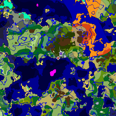 Predicted biome map of Java 1.18 seed -2788780017633658779 around estimated spawn