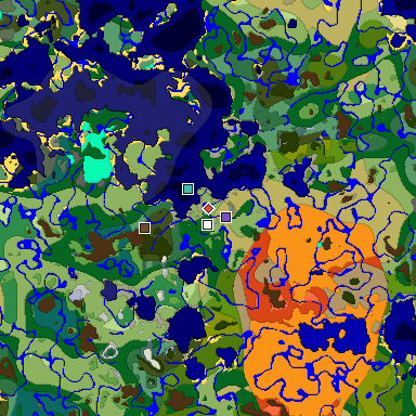 Predicted biome map of Java 1.18 seed -2672842322692532403 around estimated spawn
