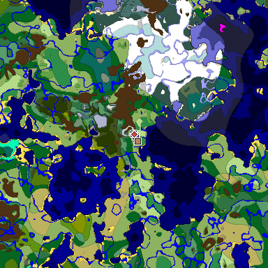 Predicted biome map of Java 1.18 seed -3801659460379382763 around estimated spawn