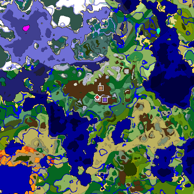 Predicted biome map of Java 1.18 seed -1360479811215135538 around estimated spawn