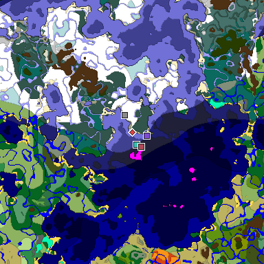 Predicted biome map of Java 1.18 seed 2653101107662758373 around estimated spawn