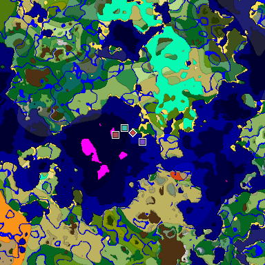 Predicted biome map of Java 1.18 seed -2599551089295118430 around estimated spawn