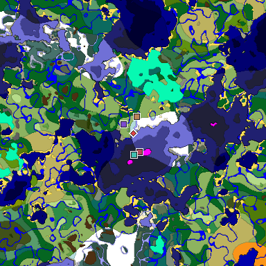 Predicted biome map of Java 1.18 seed 4321844325037405268 around estimated spawn