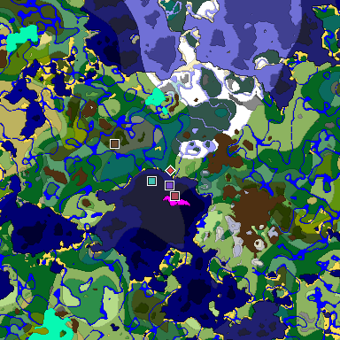 Predicted biome map of Java 1.18 seed 8457625290965209543 around estimated spawn