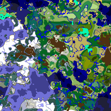 Predicted biome map of Java 1.18 seed 283089343721689136 around estimated spawn