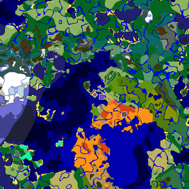 Predicted biome map of Java 1.18 seed -7320590511228517675 around estimated spawn