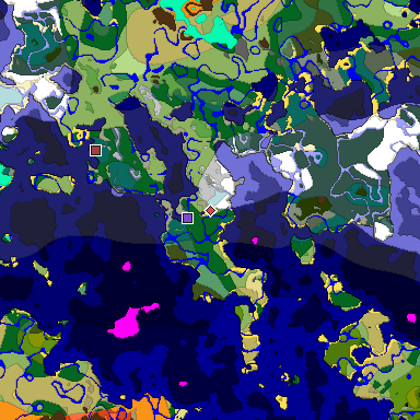 Predicted biome map of Java 1.18 seed 6887678259838436277 around estimated spawn
