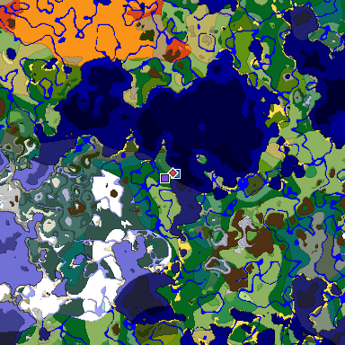 Predicted biome map of Java 1.18 seed 9098404136950394526 around estimated spawn