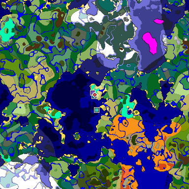 Predicted biome map of Java 1.18 seed -1047923963292499016 around estimated spawn