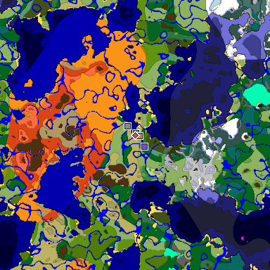 Predicted biome map of Java 1.18 seed -4349147321365796486 around estimated spawn