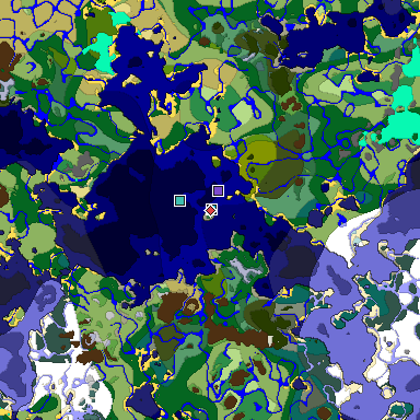 Predicted biome map of Java 1.18 seed -3443082330125280689 around estimated spawn