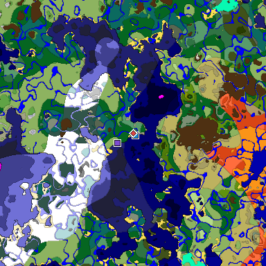 Predicted biome map of Java 1.18 seed -8727722112970532000 around estimated spawn