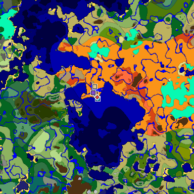 Predicted biome map of Java 1.18 seed 3908868261767529146 around estimated spawn