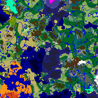 Predicted biome map of Java 1.18 seed -4694589850036907377 around estimated spawn