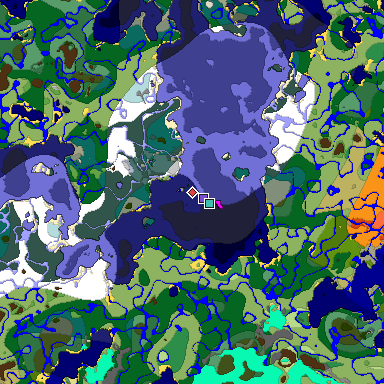 Predicted biome map of Java 1.18 seed 1873600109129467867 around estimated spawn