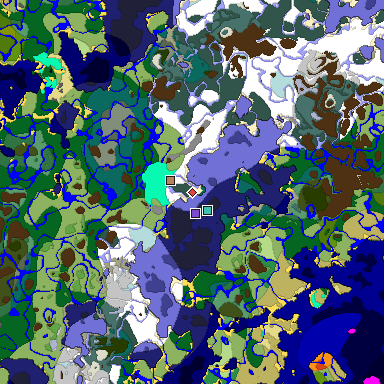 Predicted biome map of Java 1.18 seed -3087954260730723756 around estimated spawn