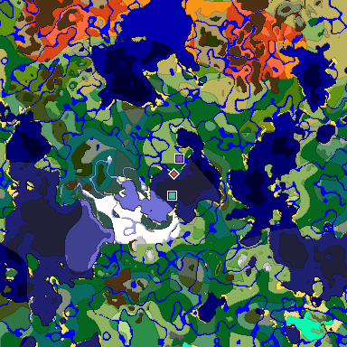 Predicted biome map of Java 1.18 seed 7181369639354248555 around estimated spawn
