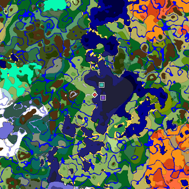 Predicted biome map of Java 1.18 seed 583237335550527011 around estimated spawn