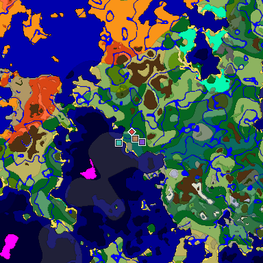 Predicted biome map of Java 1.18 seed -3510059278540986119 around estimated spawn
