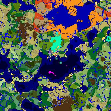 Predicted biome map of Java 1.18 seed 3329302524877277299 around estimated spawn