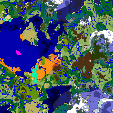 Predicted biome map of Java 1.18 seed -3488441365894786846 around estimated spawn