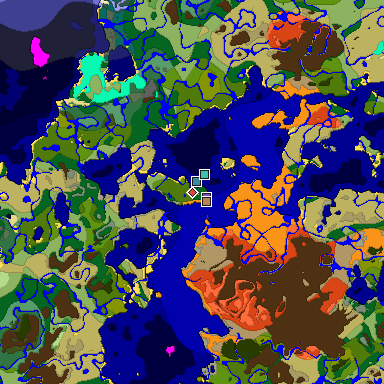 Predicted biome map of Java 1.18 seed 3439797413921153334 around estimated spawn