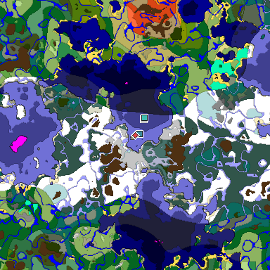 Predicted biome map of Java 1.18 seed 7361291130657395040 around estimated spawn