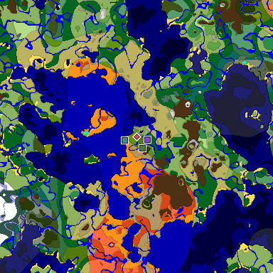 Predicted biome map of Java 1.18 seed -2634493510999700603 around estimated spawn