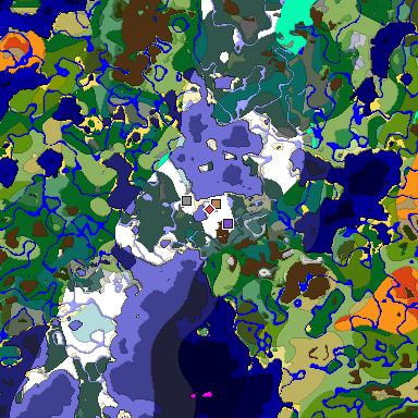 Predicted biome map of Java 1.18 seed 5544396596033289869 around estimated spawn