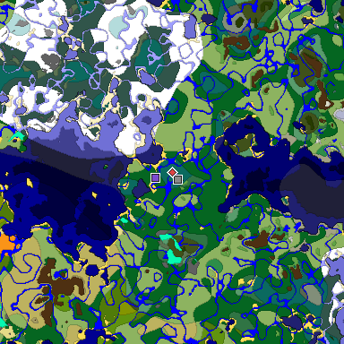 Predicted biome map of Java 1.18 seed -3690868173474135350 around estimated spawn
