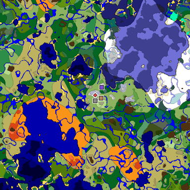 Predicted biome map of Java 1.18 seed -4228264856166956634 around estimated spawn