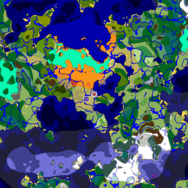 Predicted biome map of Java 1.18 seed -4438171851920665054 around estimated spawn