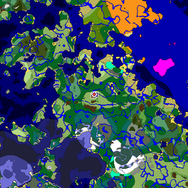 Predicted biome map of Java 1.18 seed 4772682237554911229 around estimated spawn