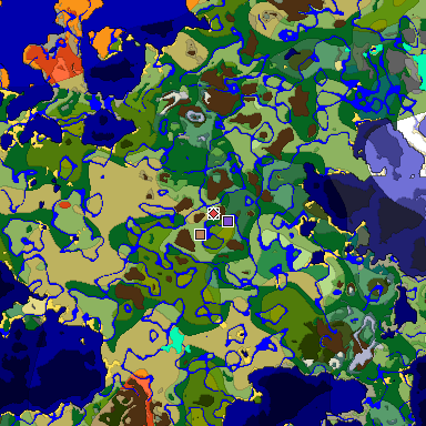Predicted biome map of Java 1.18 seed -3271213103053004822 around estimated spawn