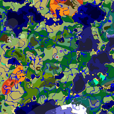Predicted biome map of Java 1.18 seed -1313081464763426502 around estimated spawn