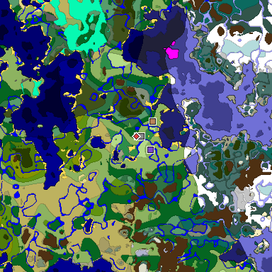 Predicted biome map of Java 1.18 seed -53411352836264220 around estimated spawn