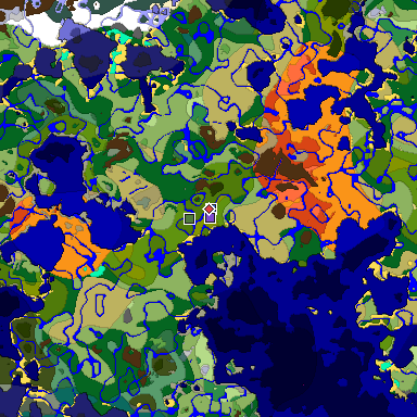 Predicted biome map of Java 1.18 seed -32205878432649306 around estimated spawn