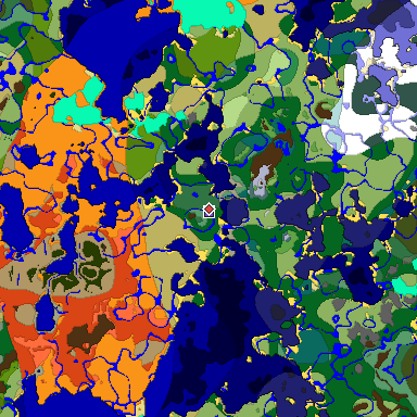 Predicted biome map of Java 1.18 seed 3629931386001669543 around estimated spawn