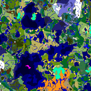 Predicted biome map of Java 1.18 seed 2872250320635843551 around estimated spawn