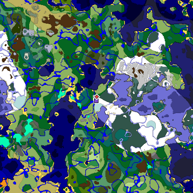 Predicted biome map of Java 1.18 seed 2575181184717449318 around estimated spawn