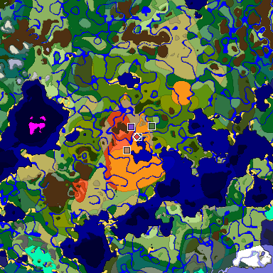 Predicted biome map of Java 1.18 seed -2371560057081169354 around estimated spawn