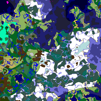 Predicted biome map of Java 1.18 seed -3658288910792967154 around estimated spawn